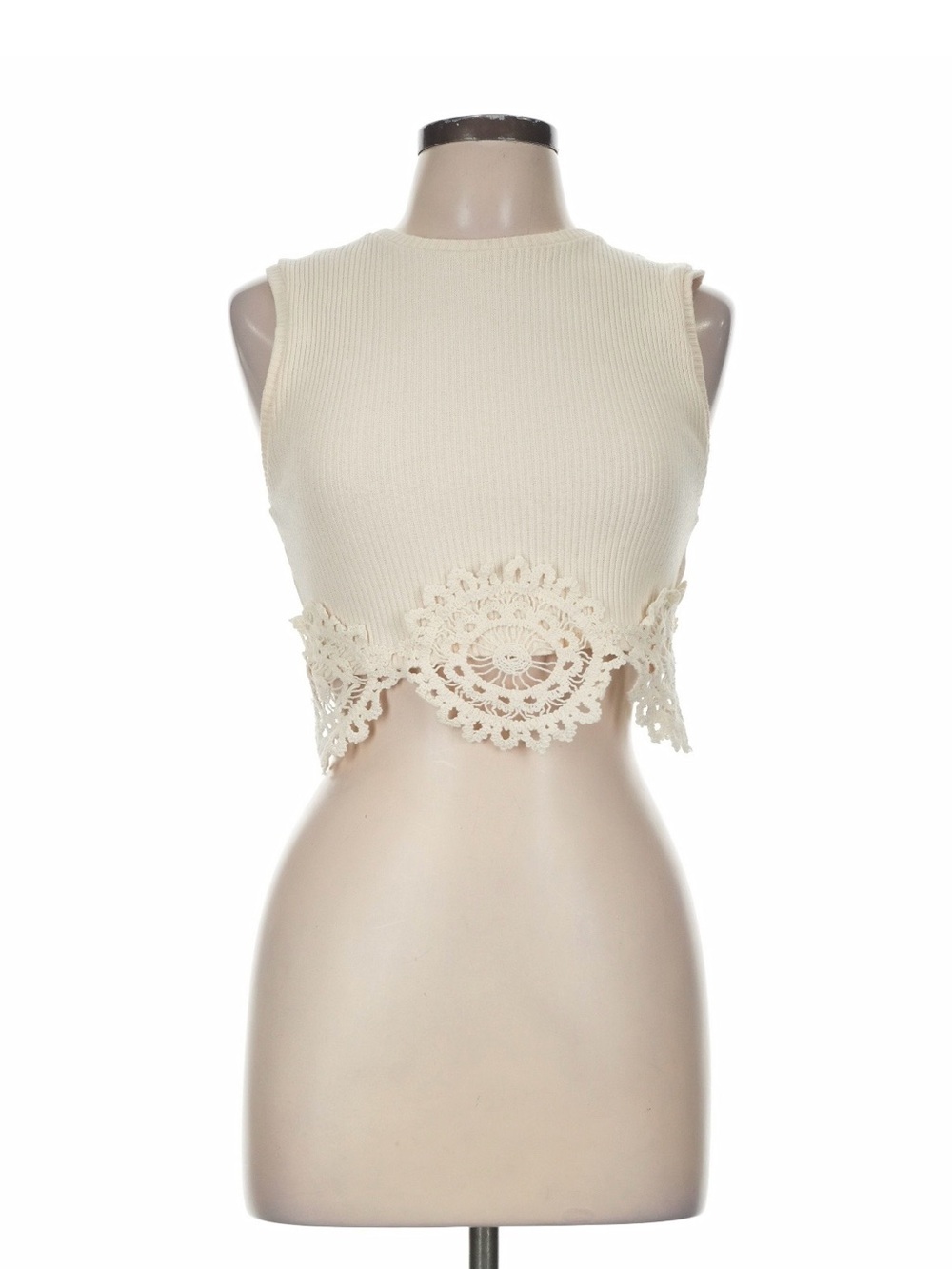 Zara Cream Ribbed Crochet-Hem Crop Top